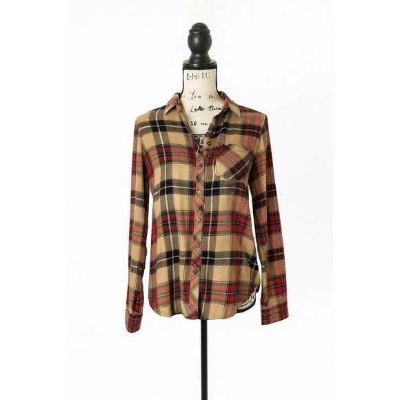 Maurices XS Plaid Flannel Button Down Shirt Tan Red NWT - Picture 1 of 4